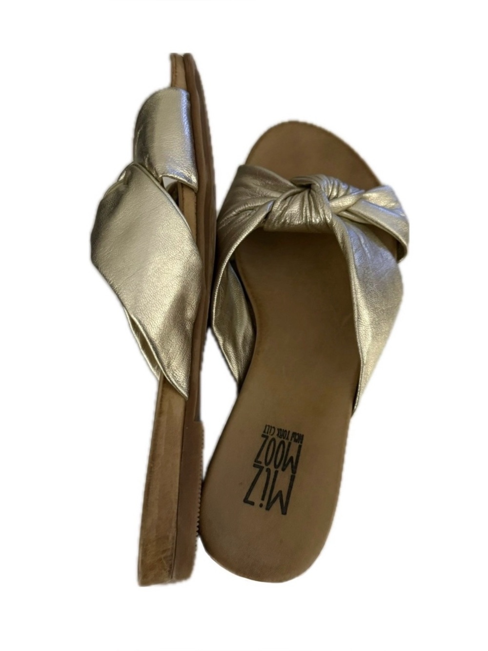 Miz Mooz Leather Wide Knot Metallic Gold Slide Sandals – Aliza 7.5